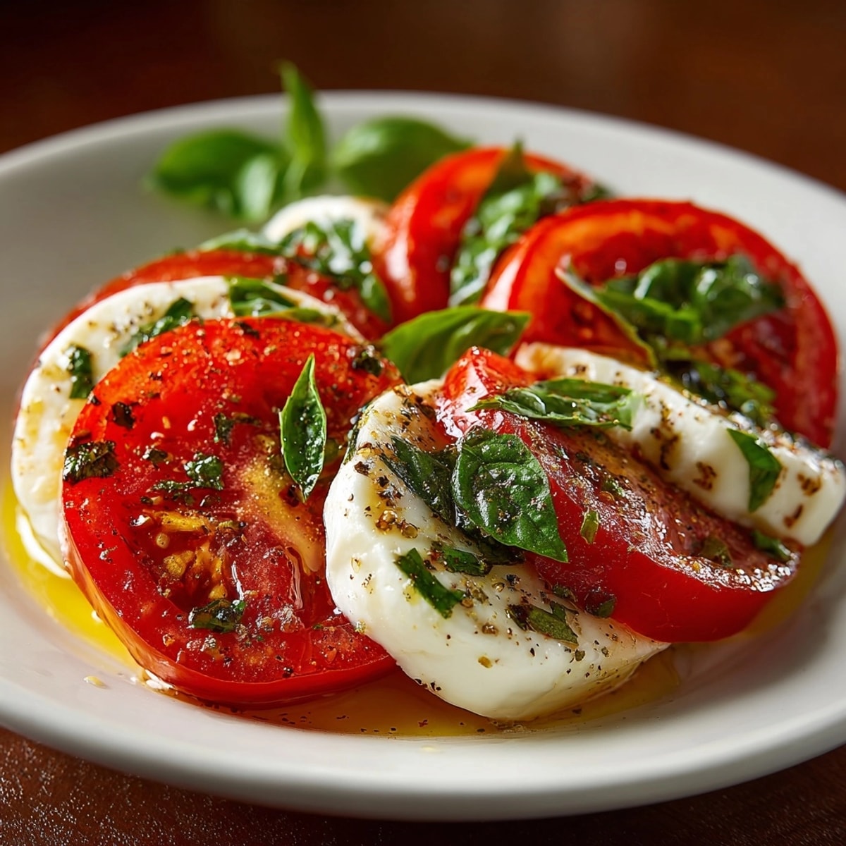 Salade caprese sucr&eacute;e-sal&eacute;e: savourez la douceur des tomates m&ucirc;res, le cr&eacute;meux de la mozzarella onctueuse et le basilic frais.