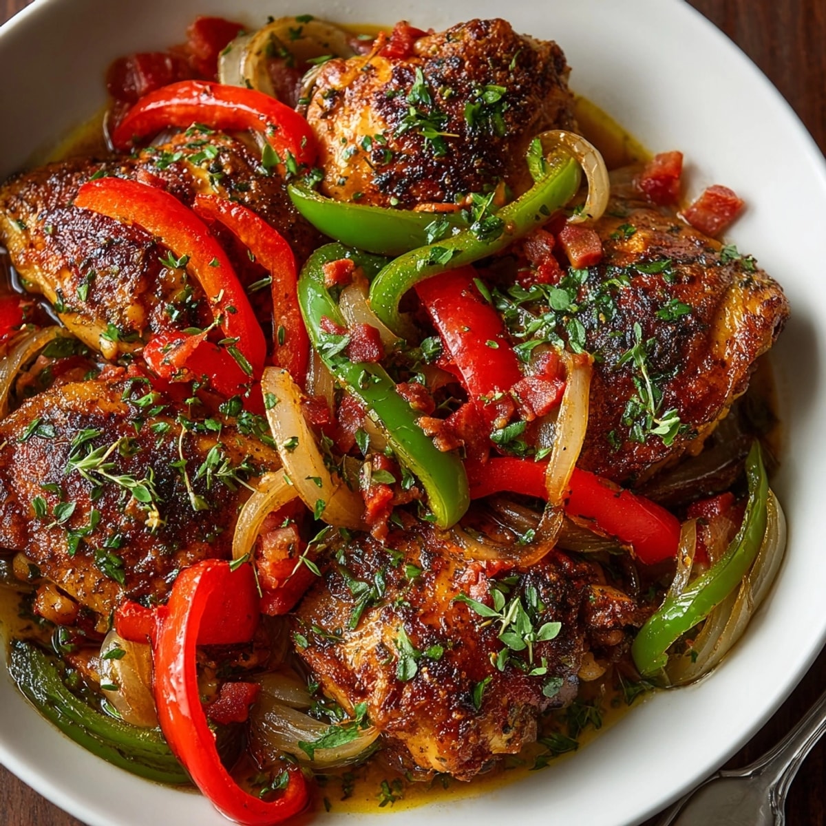 Poulet basquaise : Poulet tendre mijoté avec des poivrons et des tomates parfumées.