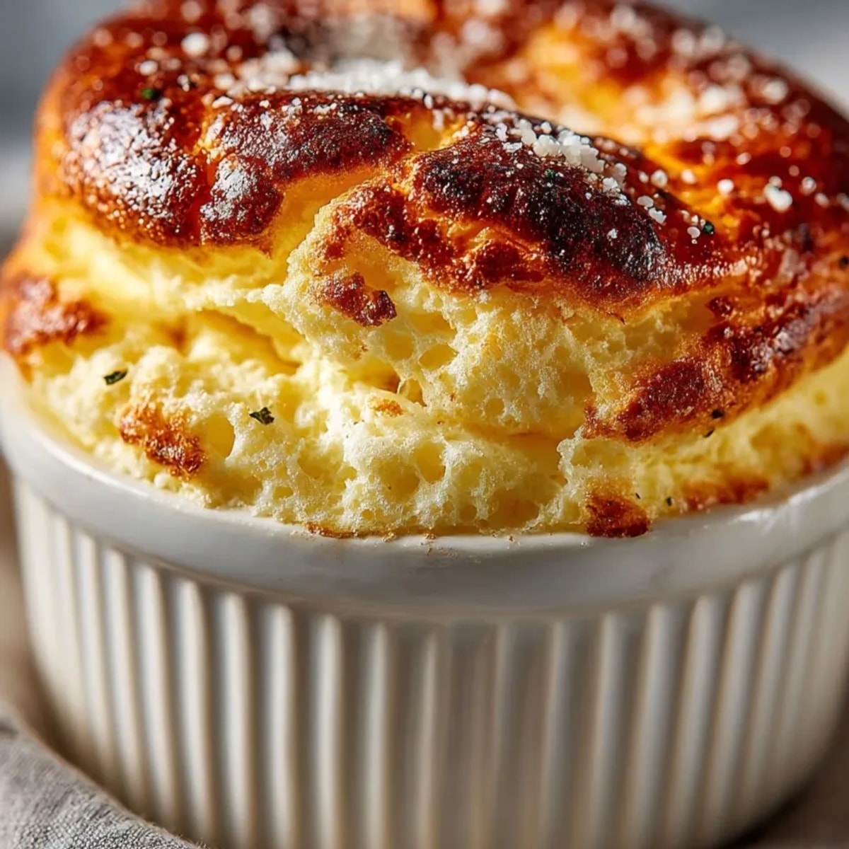 Image de Soufflé au Fromage Français, doré et gonflé, servi directement du four.