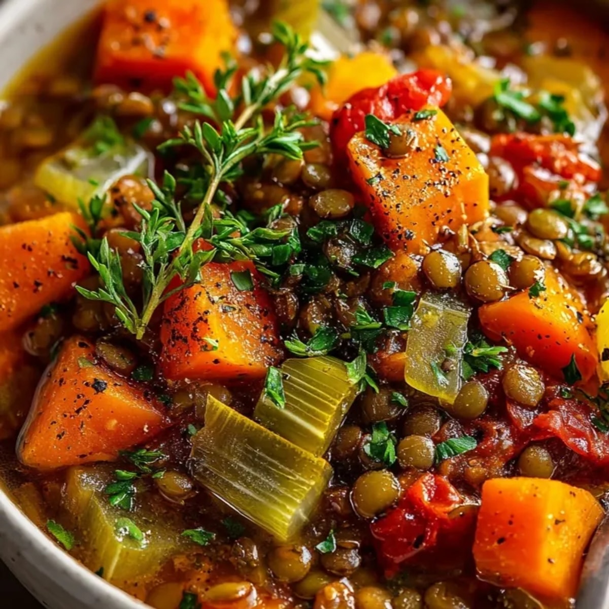 Copieuse et fumante, la stew française aux lentilles remplit un large bol, un régal réconfortant.