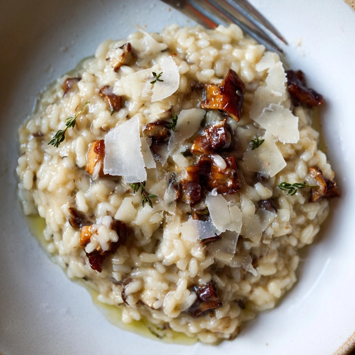 Une assiette crémeuse de risotto aux châtaignes beurrée, garnie de thym frais, prête à être servie.