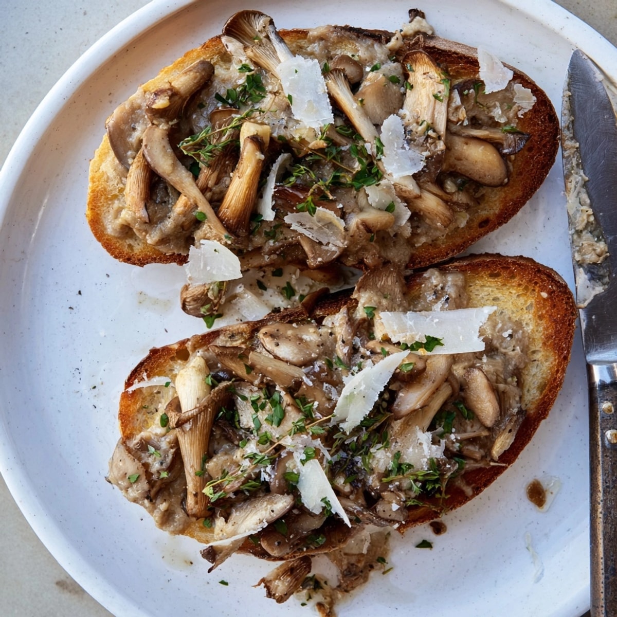 Une vue appétissante sur de délicieuses tartines de champignons crémeuses, parfaites pour les amateurs de champignons.