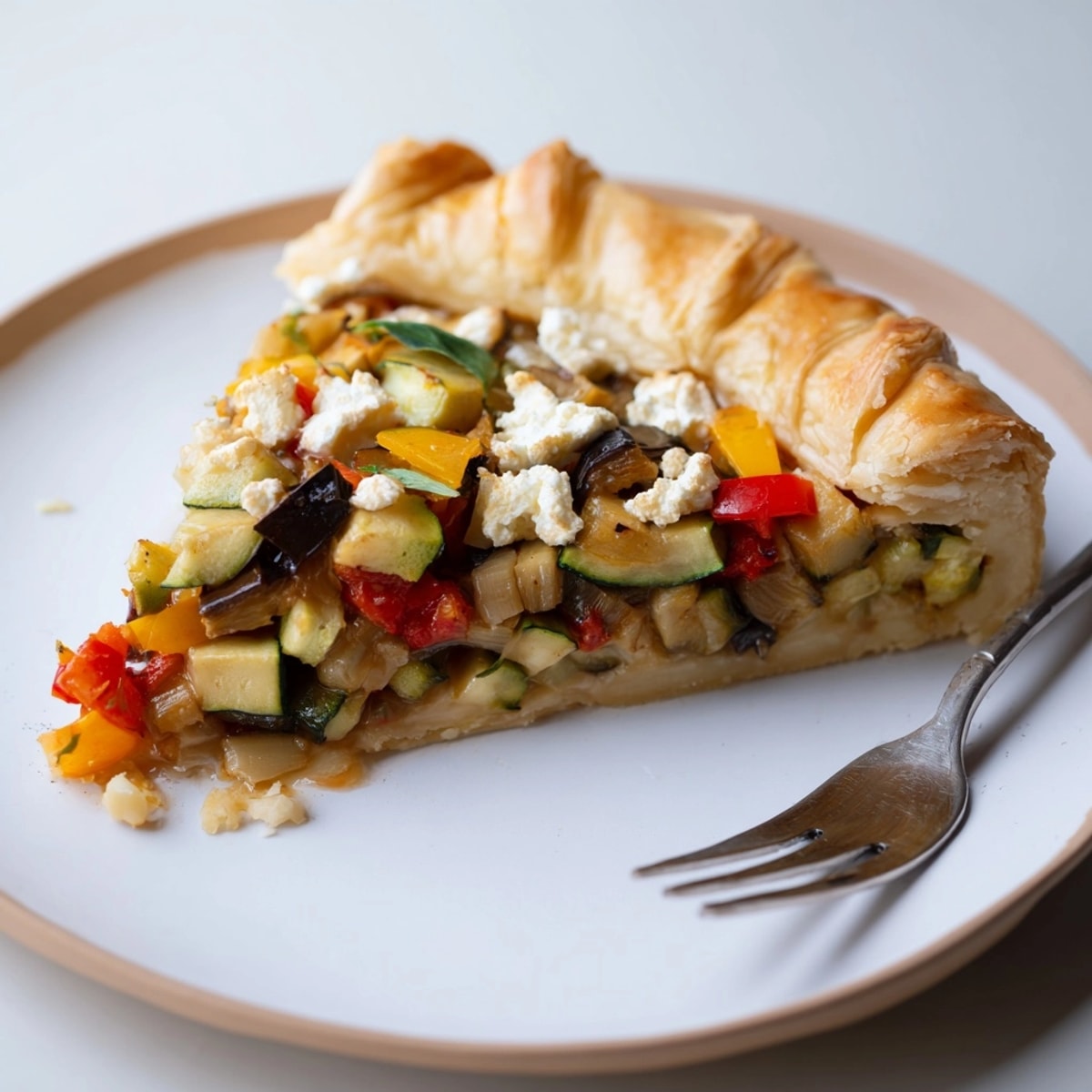 Un croustillant et doré Tarte Ratatouille Rustique, rempli de légumes méditerranéens frais et parfumés.
