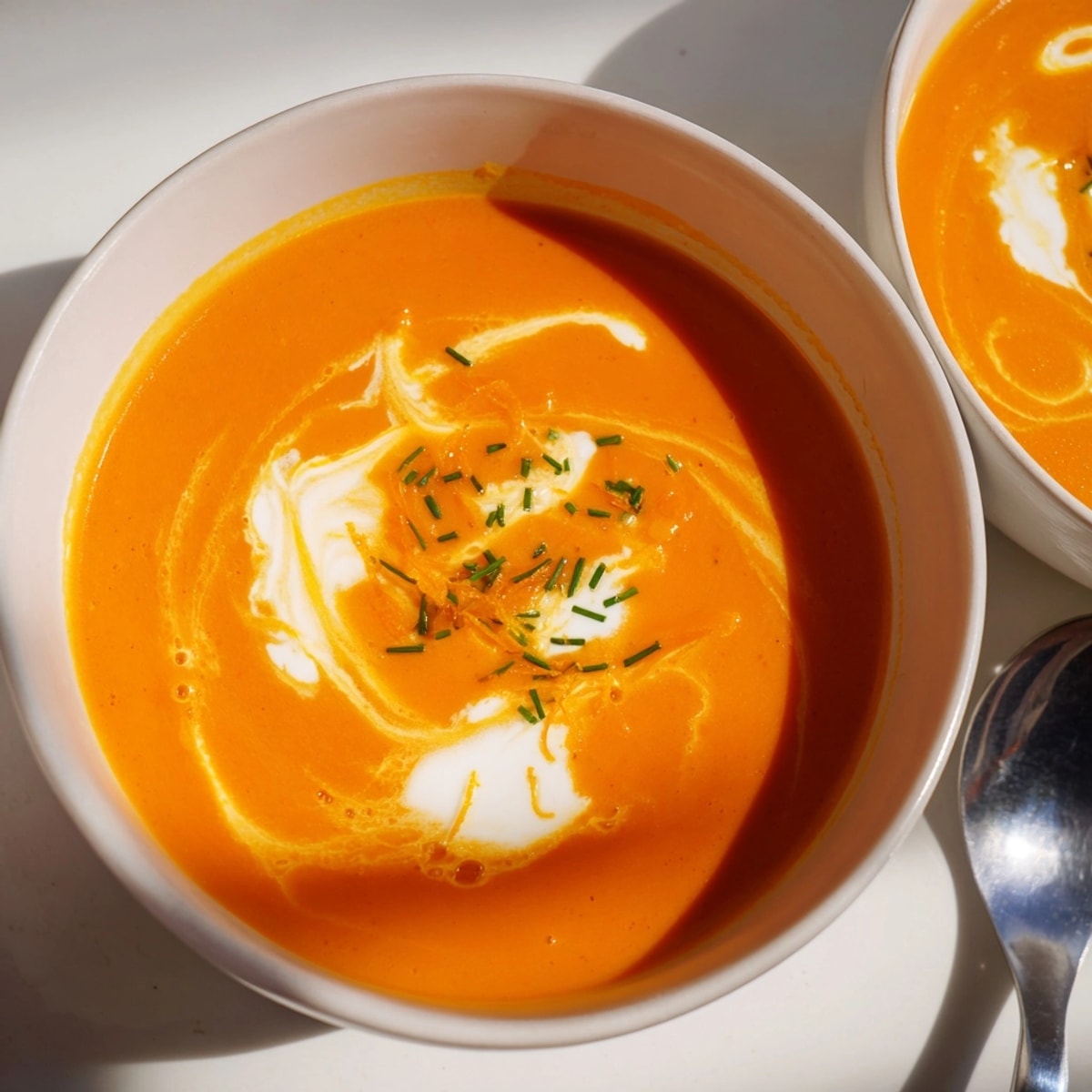 Dégustez cette vibrante soupe de carottes à l'orange à la française, garnie d'une touche de crème.