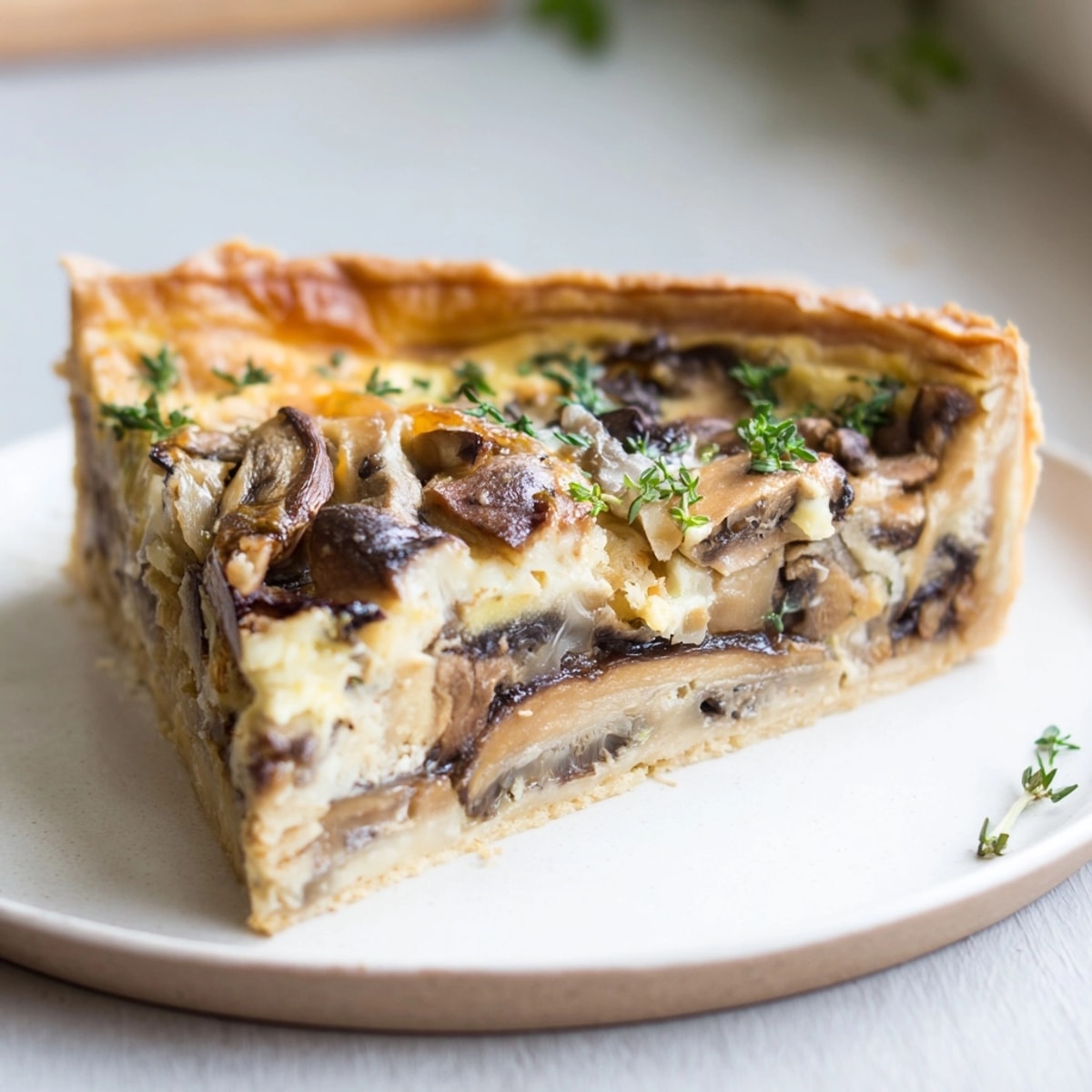 Quiche aux champignons sauvages crémeuse dans une croûte dorée et croustillante pour un brunch savoureux.