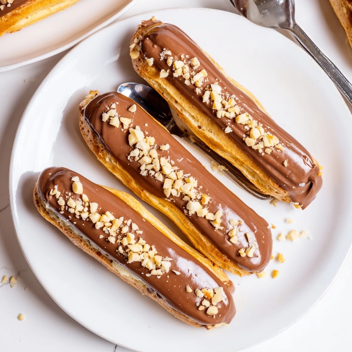 Pâte à choux élégante, remplie de crème pâtissière à la noisette et glaçage au caramel.