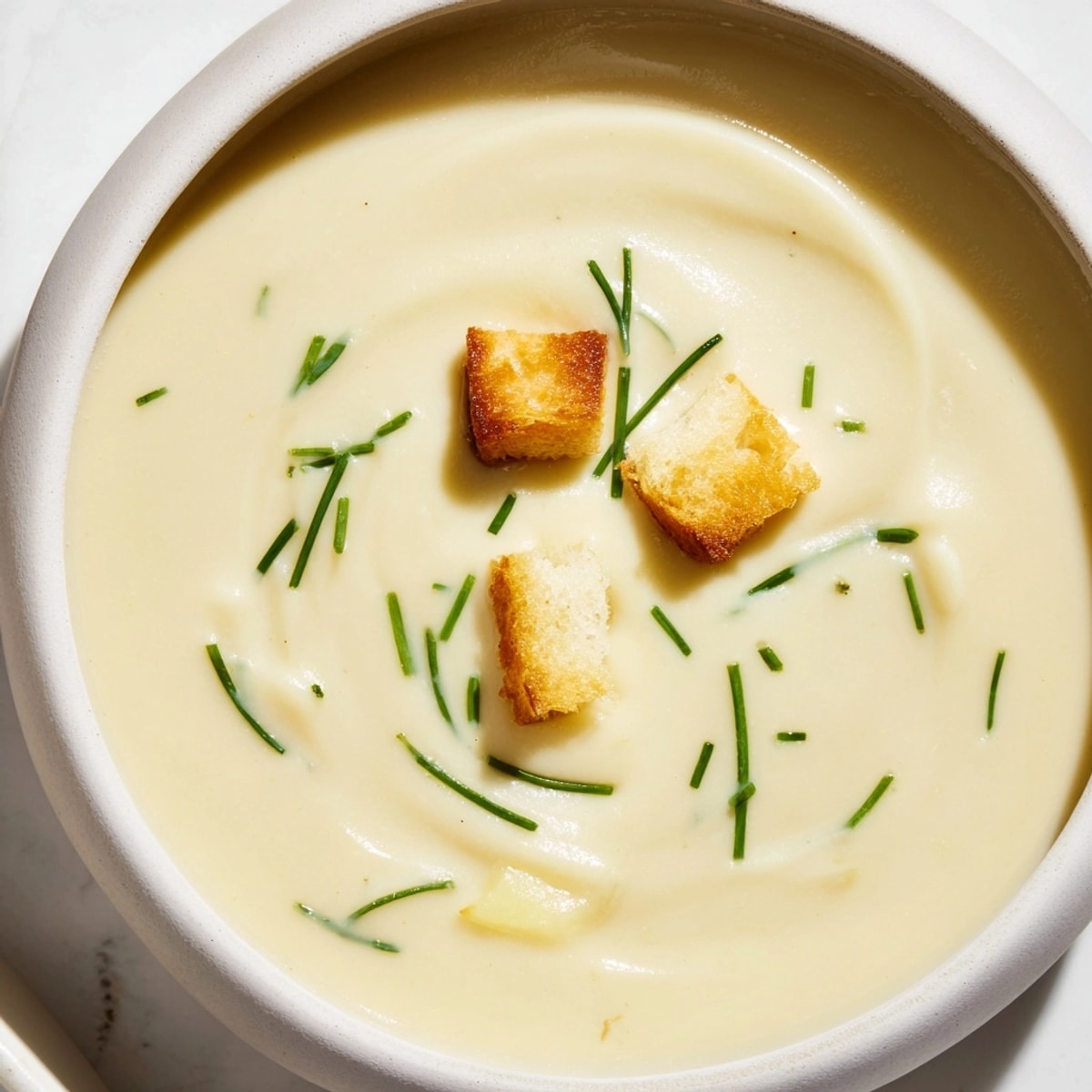 Velouté de poireaux et pommes de terre onctueux et réconfortant dans un bol blanc rustique.
