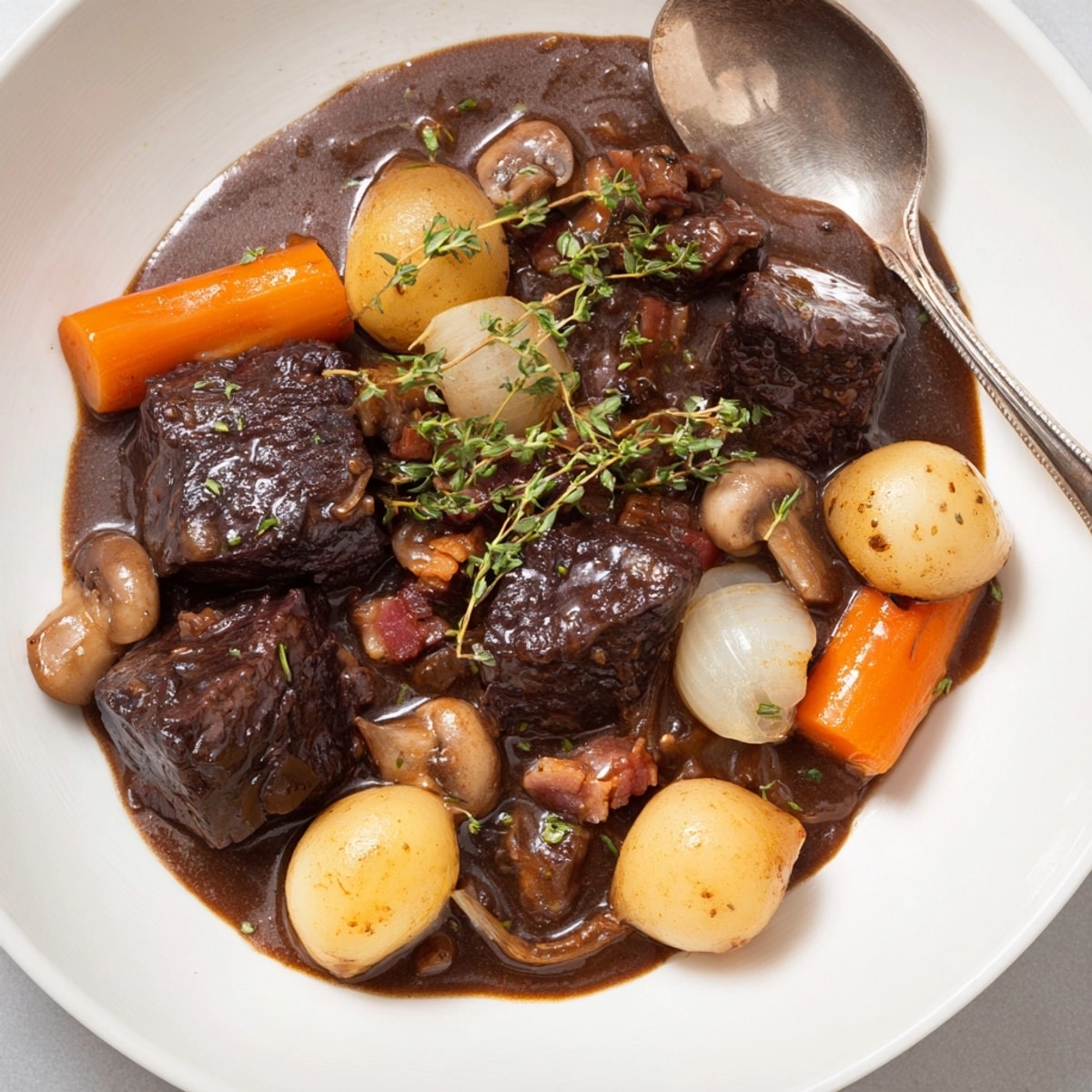 Gros plan d'un copieux boeuf bourguignon, un ragoût français rustique fumant.