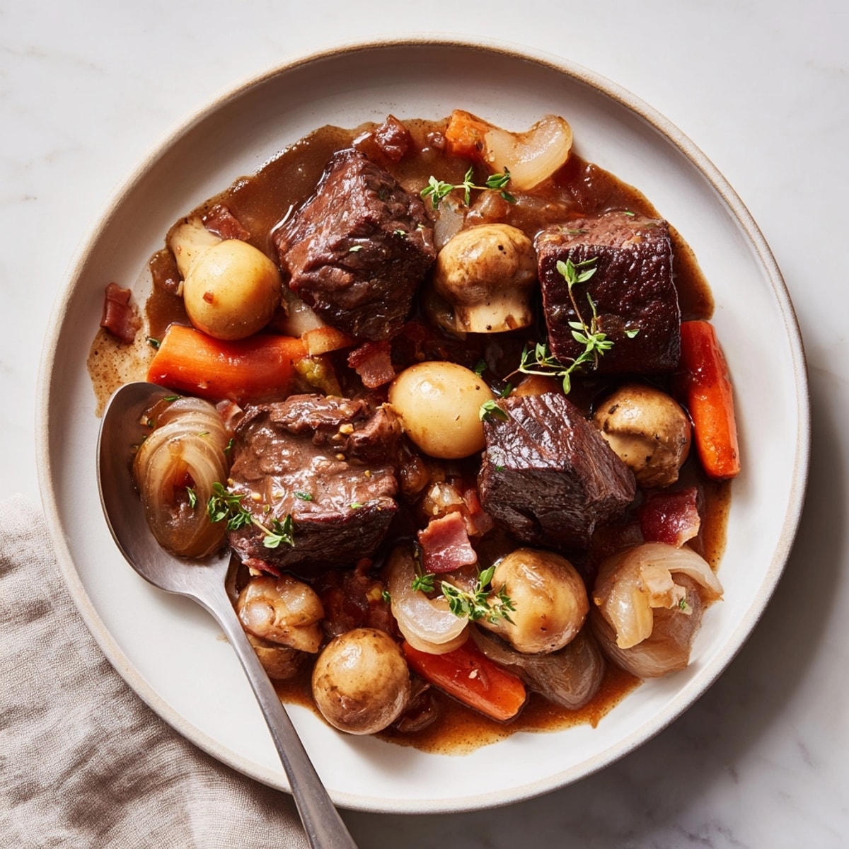 Boeuf bourguignon riche et mijoté, garni de champignons, prêt à être servi.