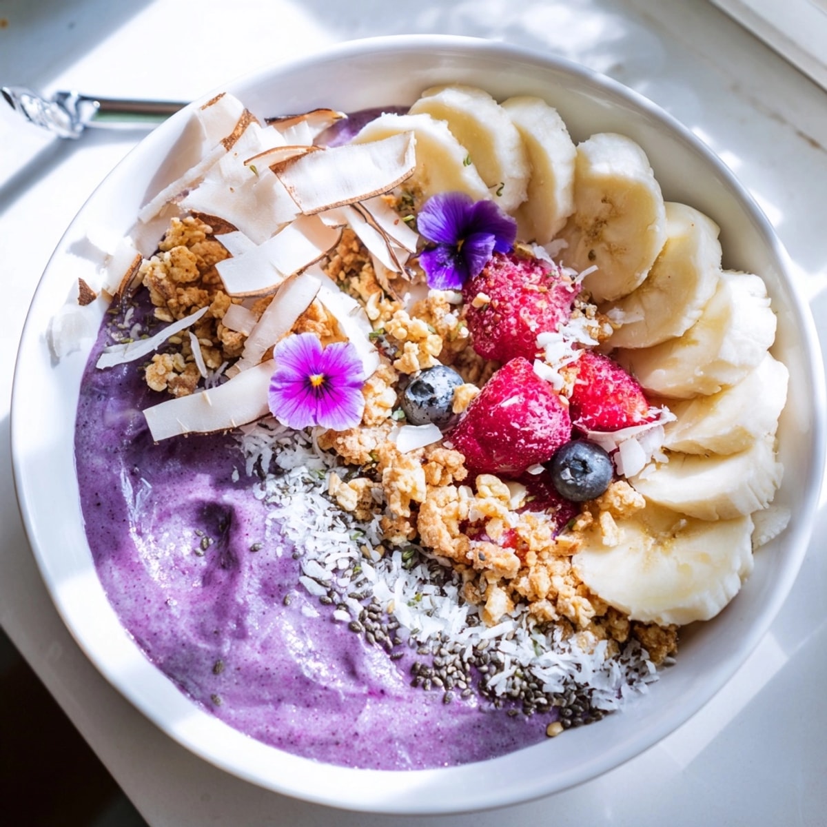 Fermez les yeux et imaginez ce délicieux et somptueux smoothie bowl Ube, Banane et Coco.