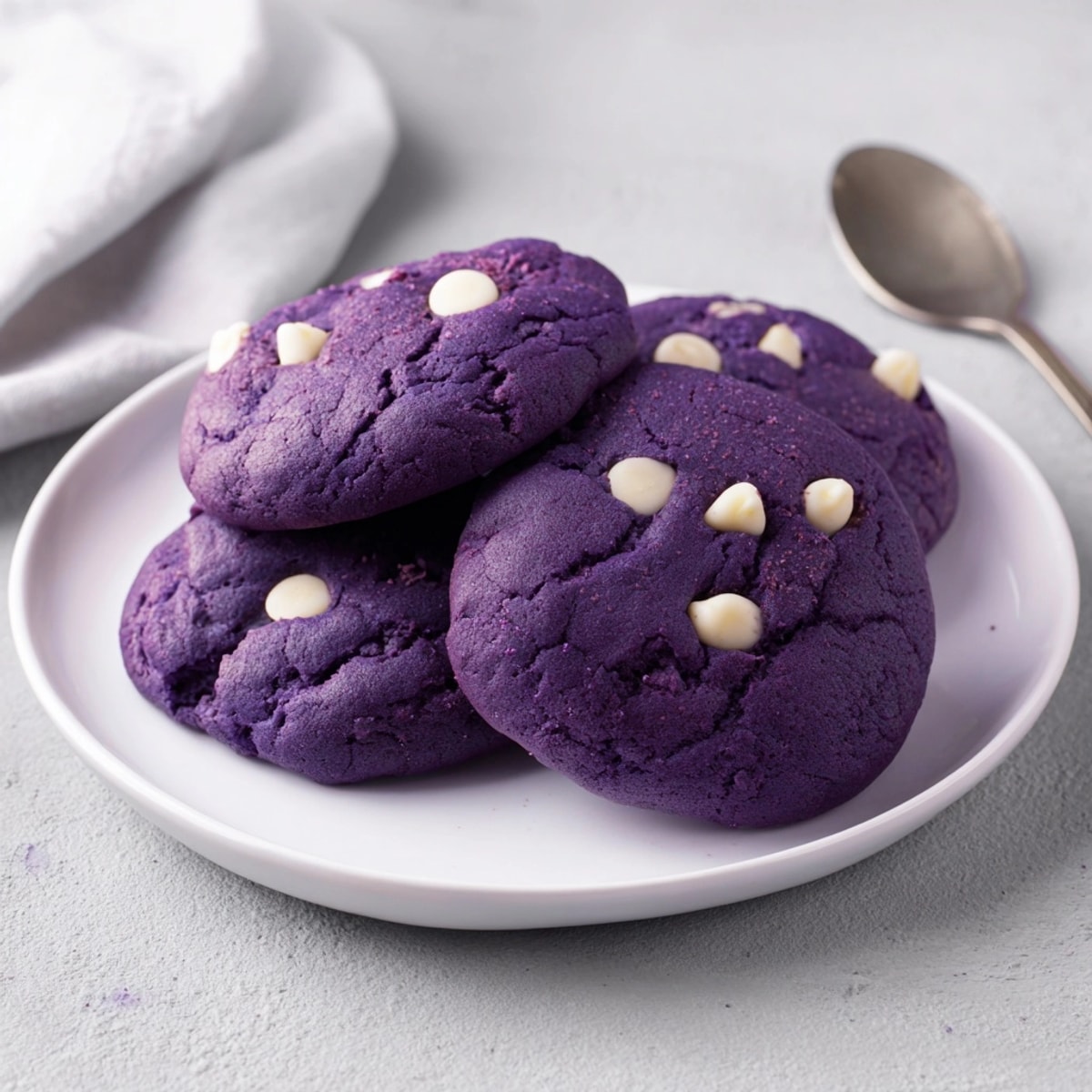 Zoom avant sur le centre d'un biscuit ube, montrant une texture douce et sa couleur violette.