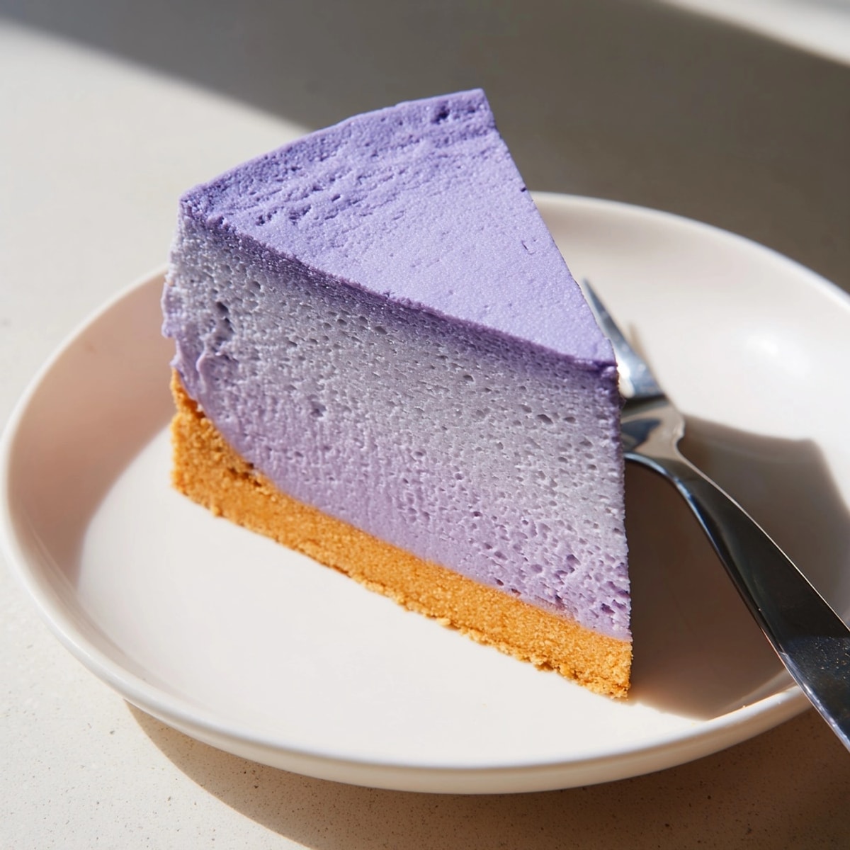 Vue rapprochée d'un gâteau au fromage ube japonais tranché, révélant une texture crémeuse et des couches violettes vibrantes.
