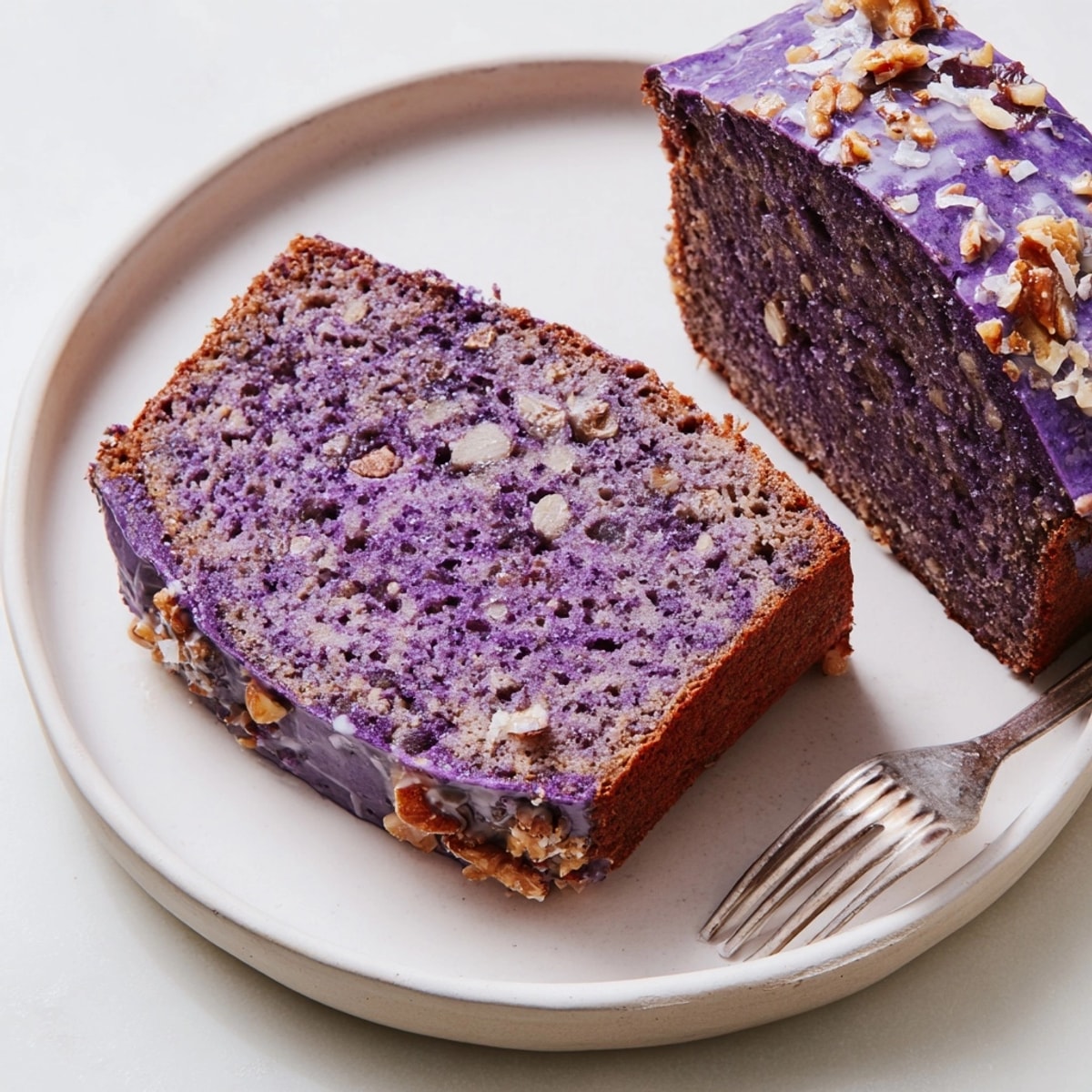 Pain aux bananes et à l'ube fait maison, texture douce, parfait avec du beurre d'amande.