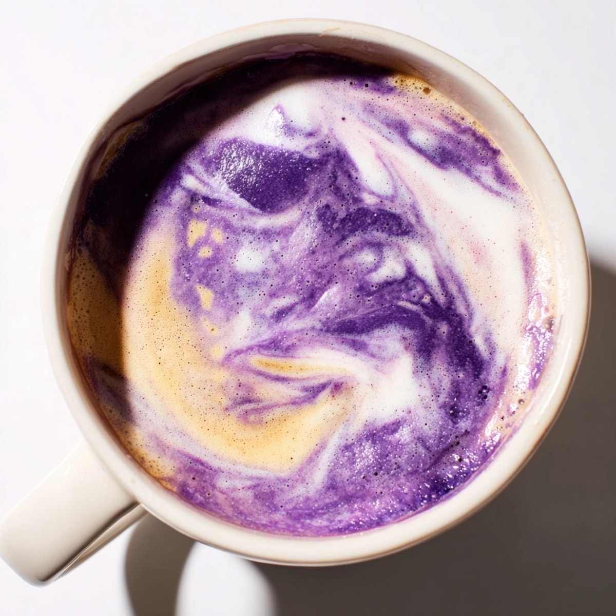 Close-up of a creamy Ube Latte in a clear glass with ice; refreshing Filipino fusion.
