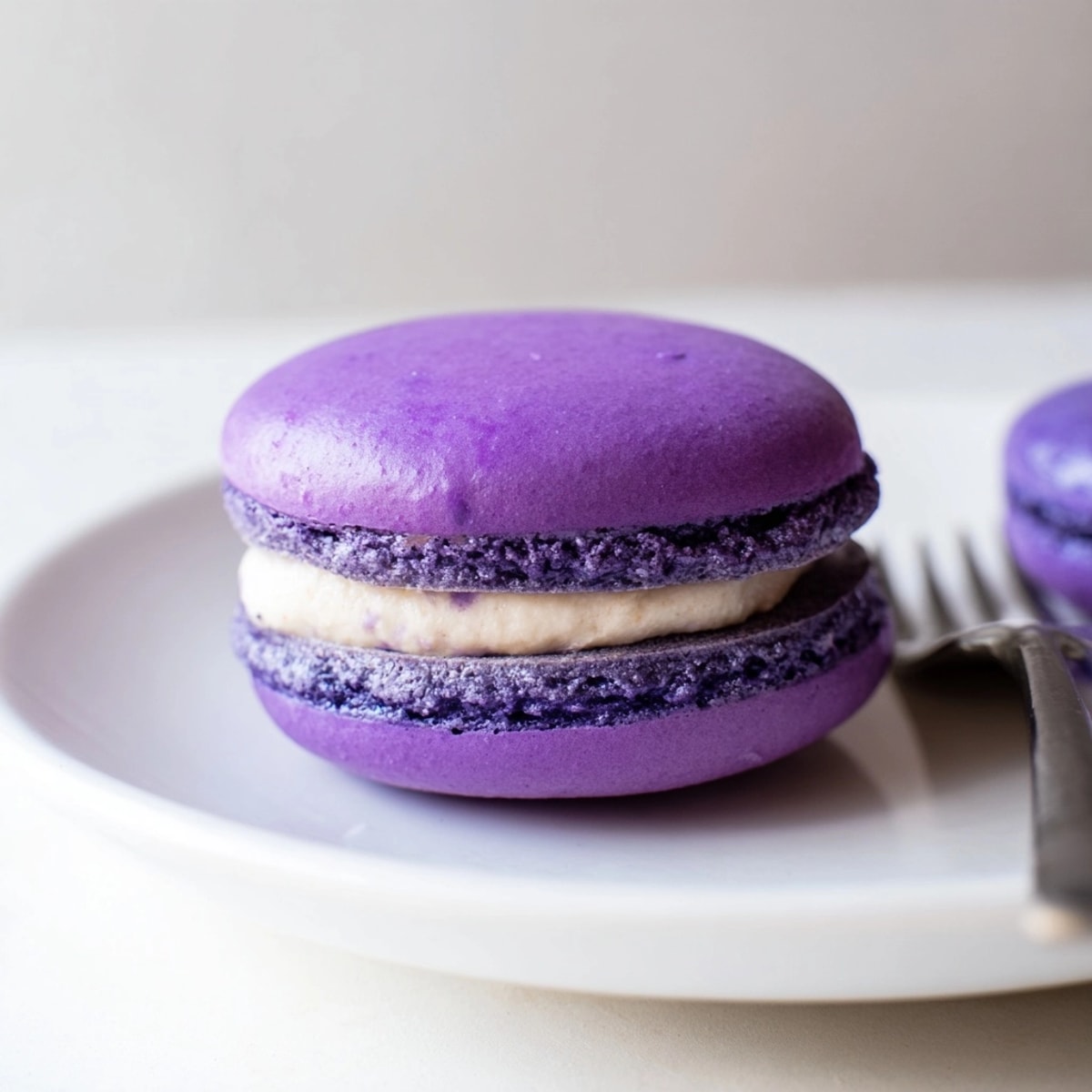 Close-up of vibrant purple French Ube Macarons, ready to share and enjoy.