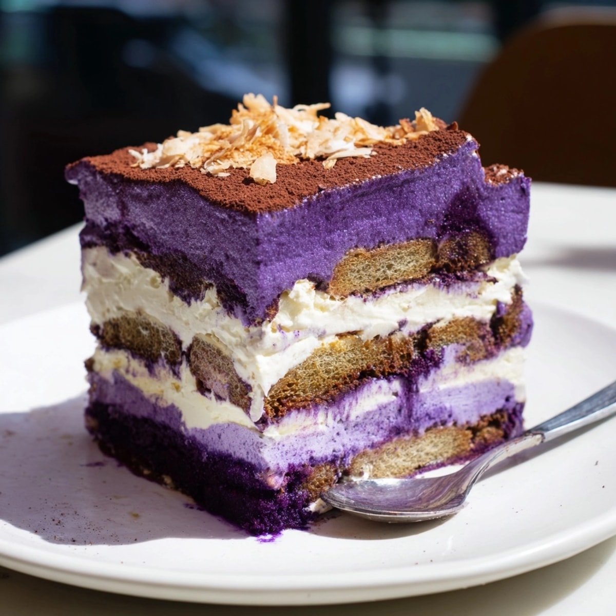 Une tranche de tiramisu sain à l'ube, avec une poudre de cacao saupoudrée sur le dessus.