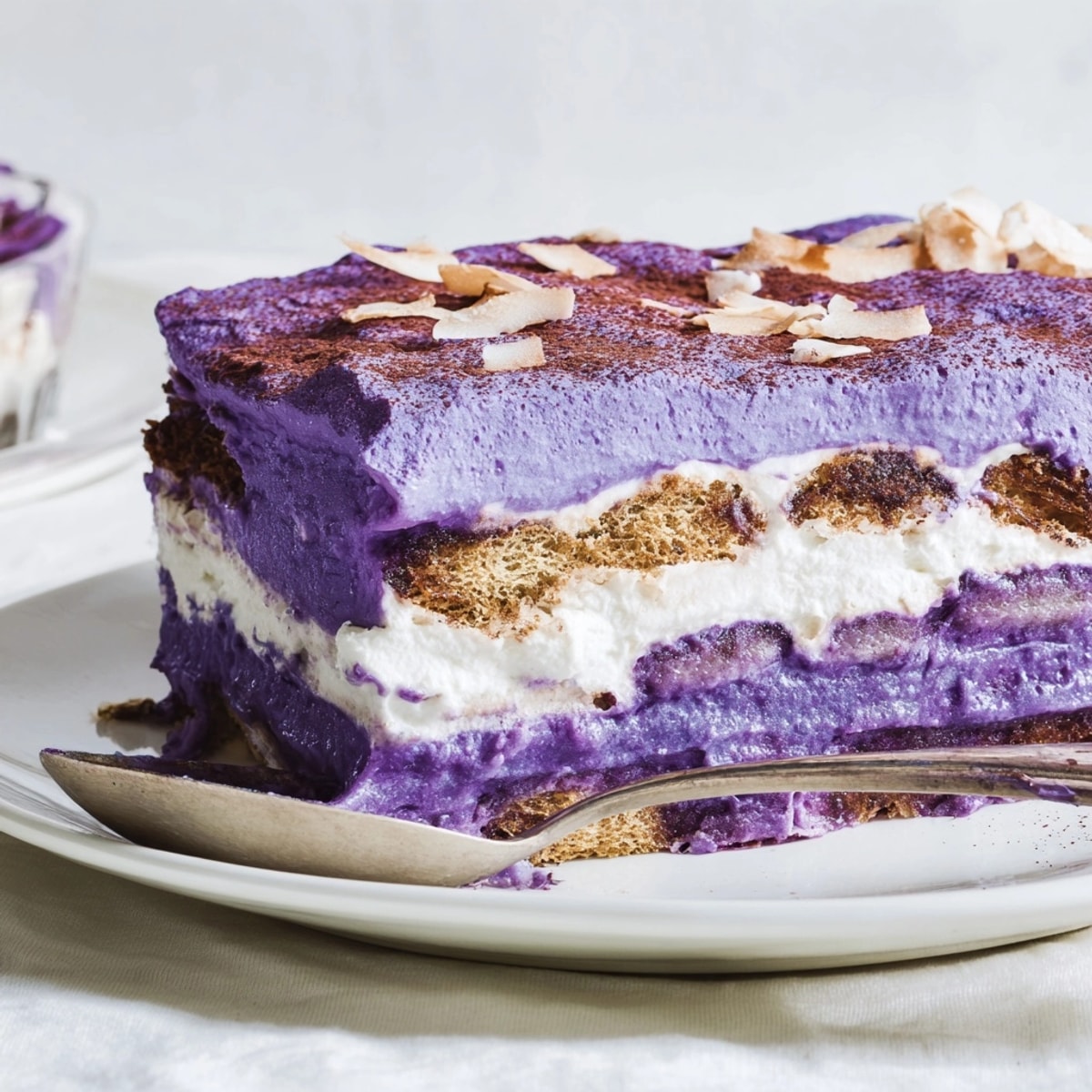 Dégustez une part de ce tiramisu sain à l'ube crémeux et rêveur, un délice italien-philippin.