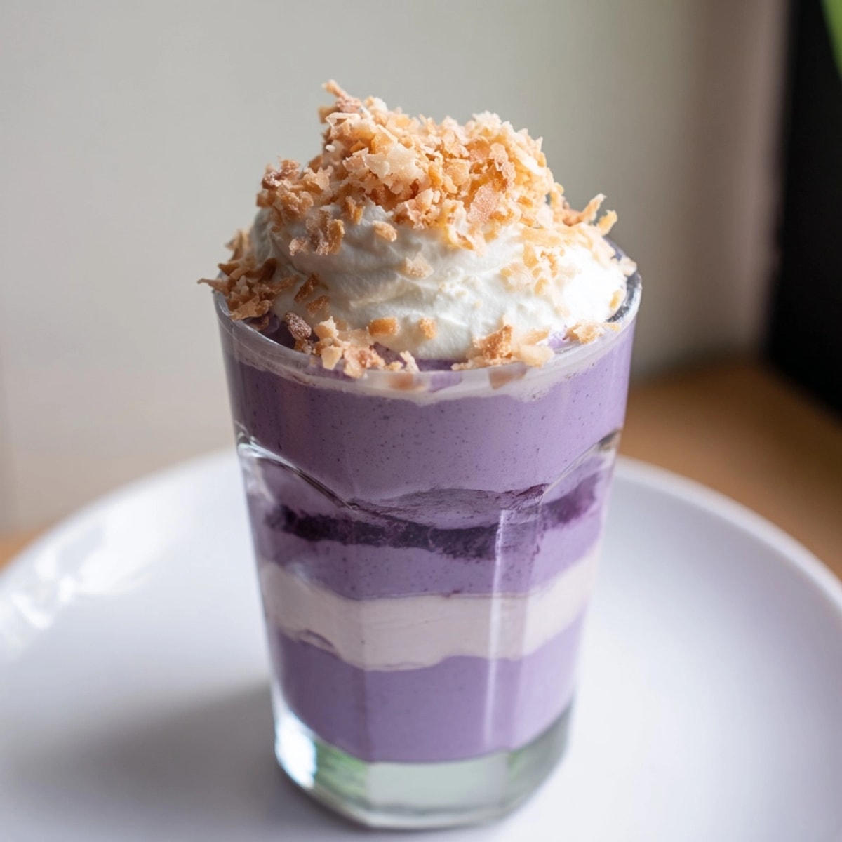 Magnifiques verrines de mousse à l'ube : une douce gourmandise filipino-américaine violette et soyeuse.