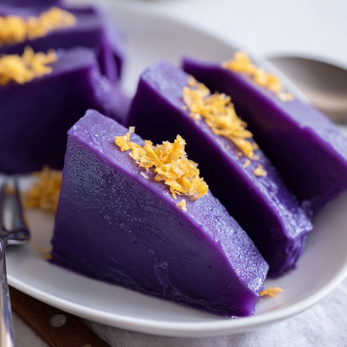 Vue rapprochée d' Ube Halaya fait maison : une texture lisse et une couleur intense.