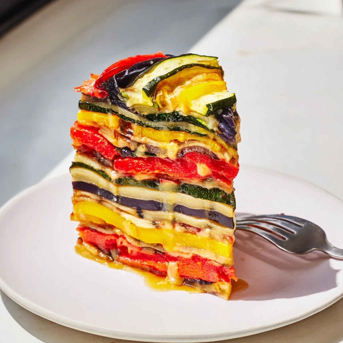 Whimsical Chaos Ratatouille Cake adorned with vibrant vegetables and tangy pickle glaze.