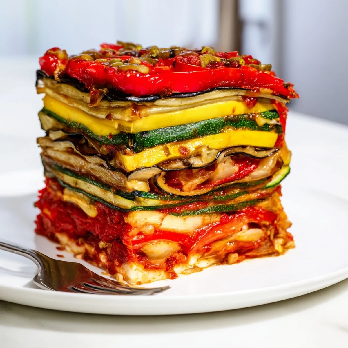 Savory Chaos Ratatouille Cake, layers of roasted veggies topped with a drizzle of pickle glaze.