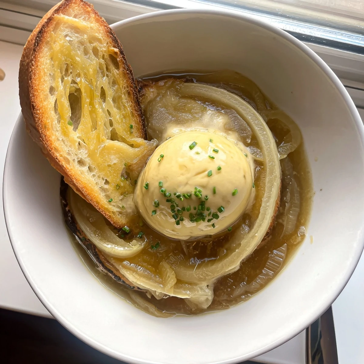 Golden caramelized onions simmering in rich broth, featuring a vegan French Onion Rebel Float.  