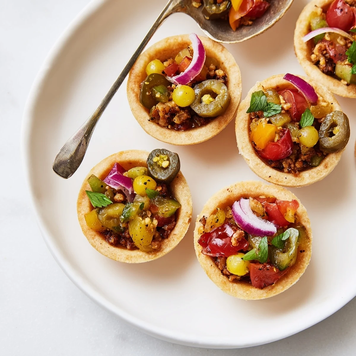 Vibrant Pickle “de Gallo” Tapenade Tartlets topped with fresh cilantro and cherry tomatoes.