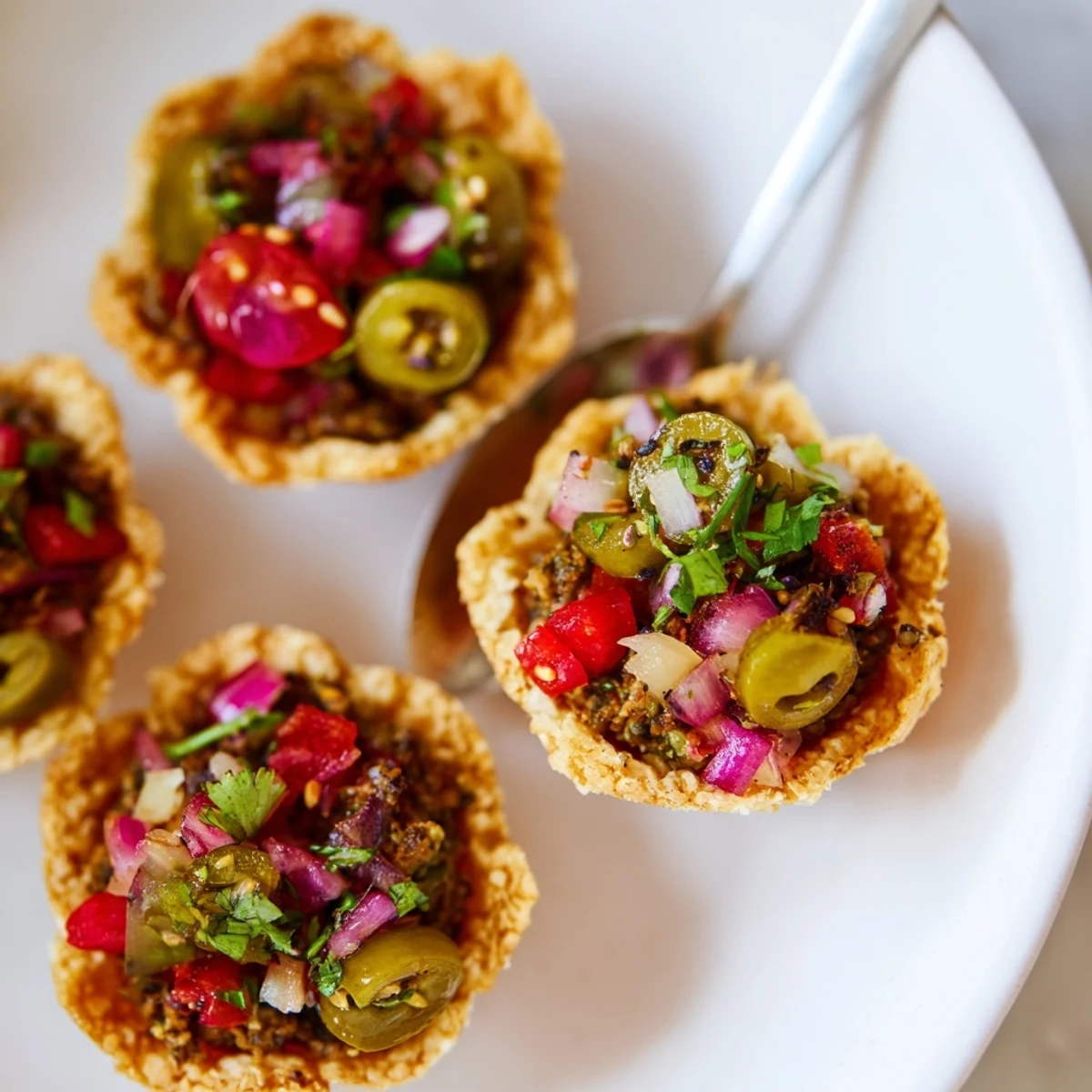 Colorful appetizer featuring crispy tartlet shells filled with tangy pickle “de Gallo” mix.