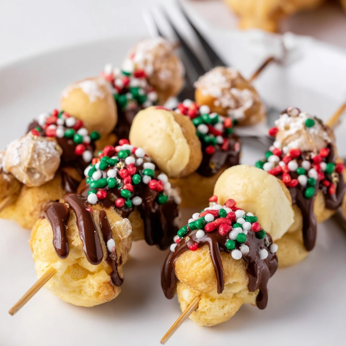 Festive Profiterole Christmas Cookie Skewers arranged with chocolate drizzle and colorful sprinkles.  