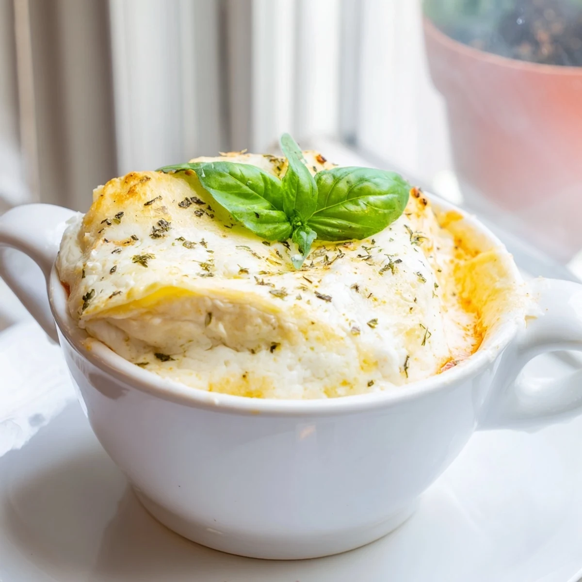 Cheese Soufflé Lasagne Soup Bowls served warm, topped with golden, fluffy soufflé.  