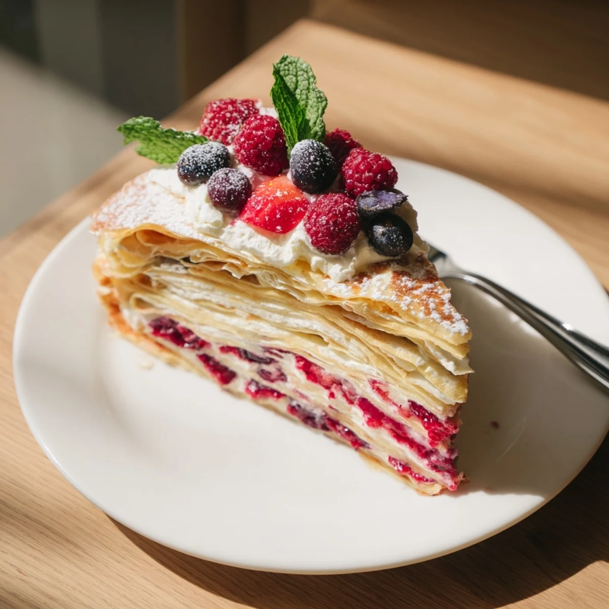 Delicate crêpe cake with vibrant pickled berry cream and fresh fruit garnish.  