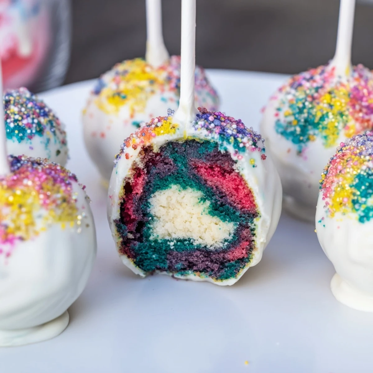 Decadent Macaron Chaos Cake Pops dipped in chocolate, topped with fun sprinkles for flair.