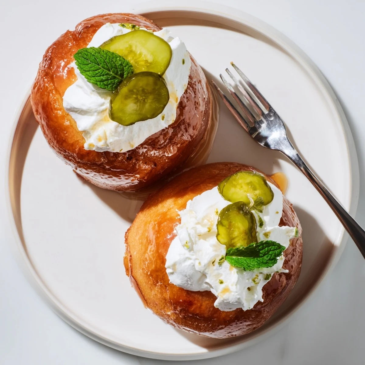 Deliciously unique Pickle Juice Baba au Rhum topped with whipped cream and pickles.  