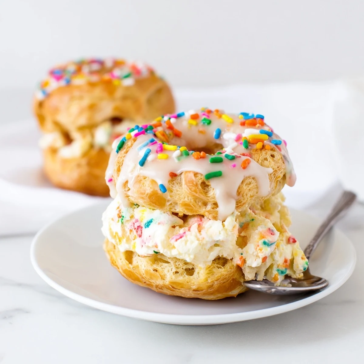 Delicious Funfetti Paris-Brest choux rings topped with white chocolate and colorful sprinkles.  