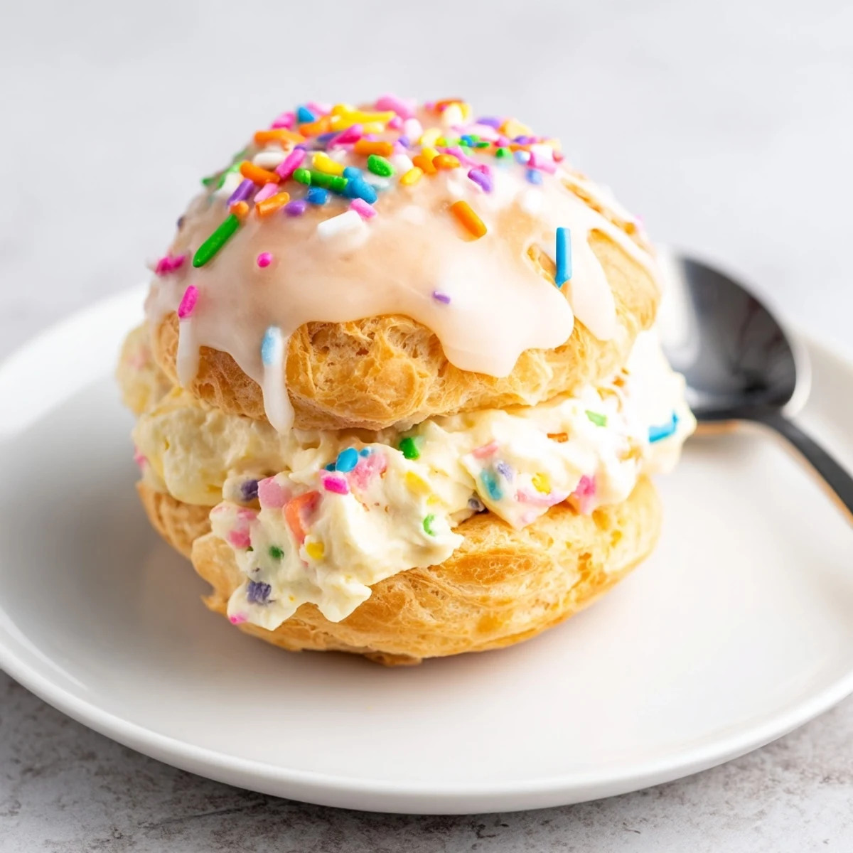 Whimsical Funfetti Paris-Brest filled with creamy pastry cream and festive sprinkles.  