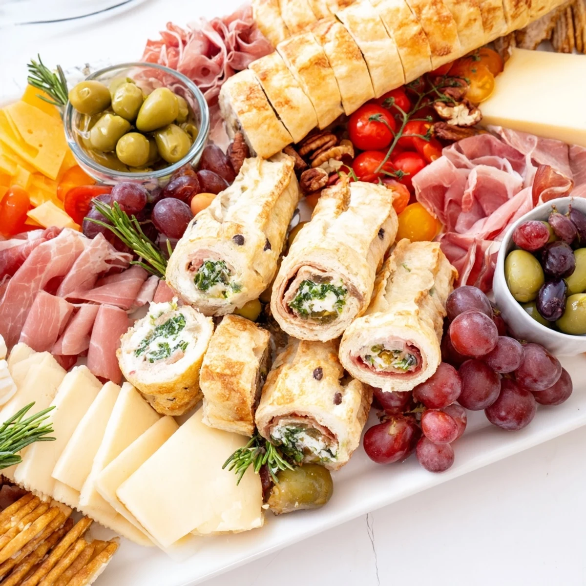 Indulge in a delicious charcuterie board featuring elegant savory éclairs and fresh cheeses.  