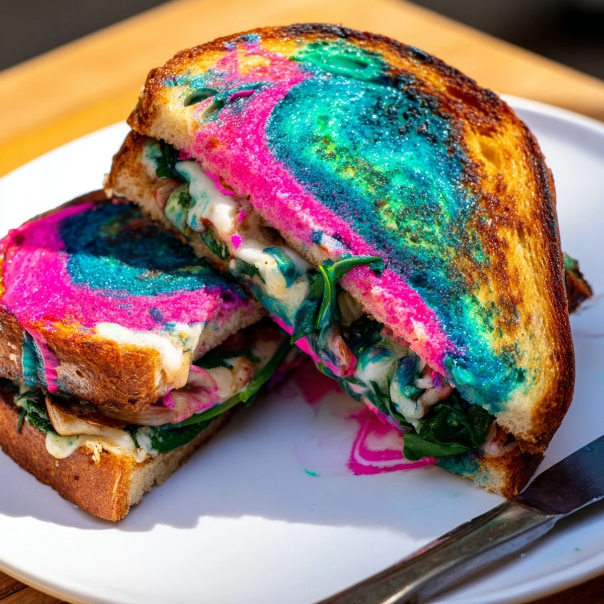 Un sandwich au fromage grillé Funky aux couleurs vives, savoureux et créatif.  