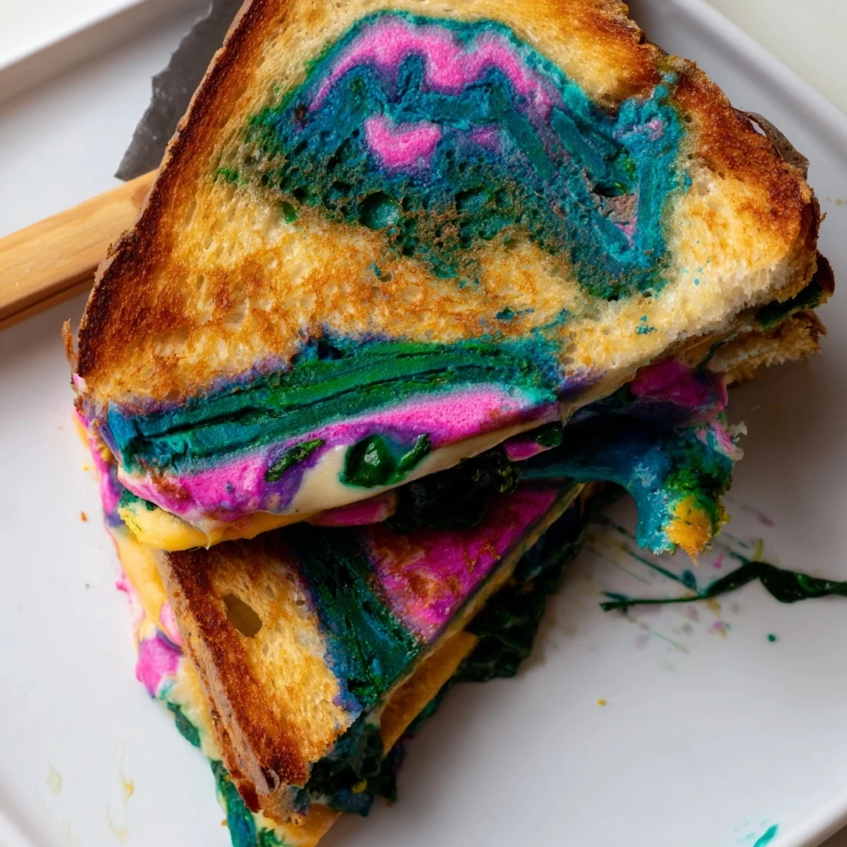 Grilled cheese coloré dans un sandwich chaud et croustillant, parfait pour les collations.  