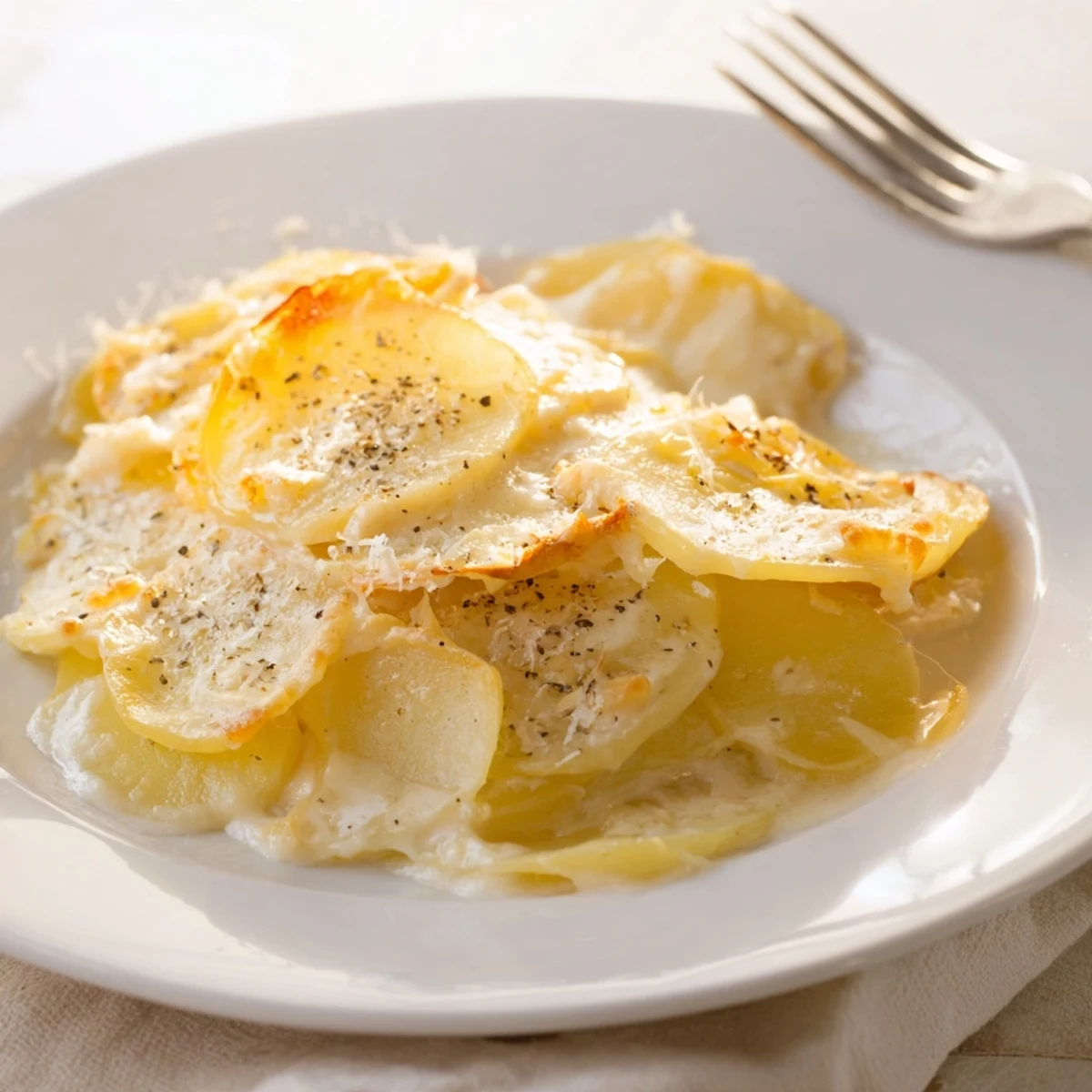 Pommes de terre au gratin au miso, plongées dans une sauce crémeuse et riche.