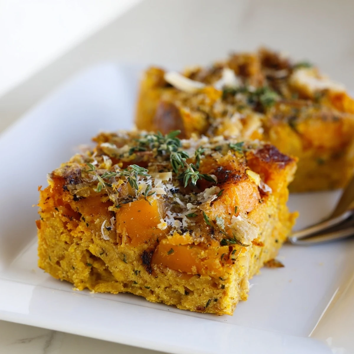 Délicieux carrés de socca à la citrouille, parfumés au thym frais et au fromage.  