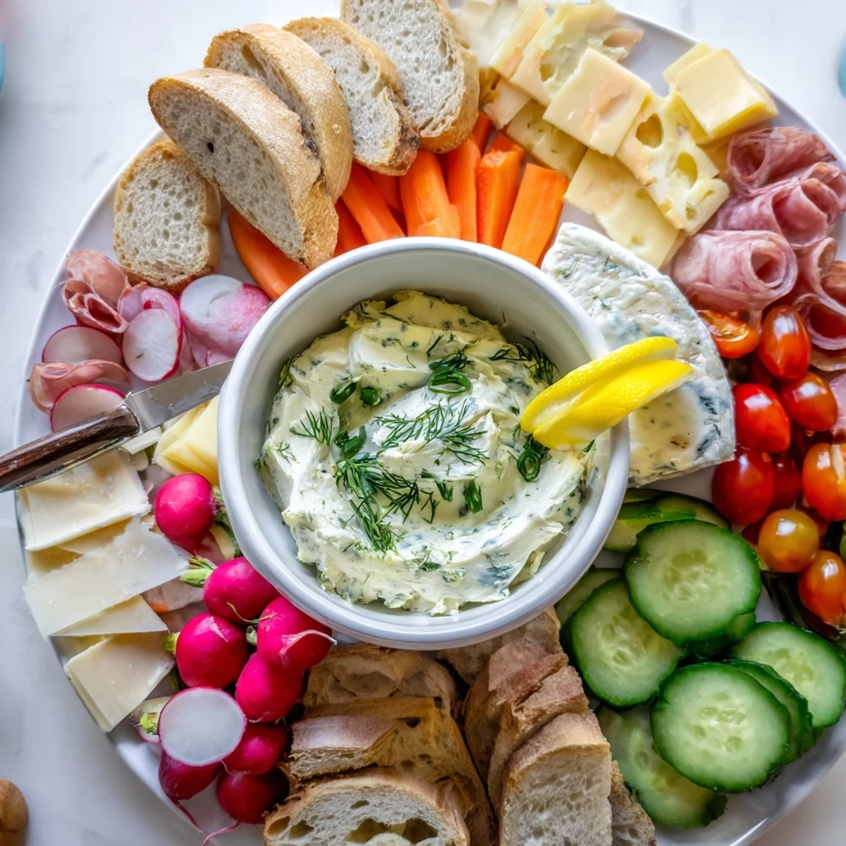 Une planche de charcuterie moderne avec un beurre à l'aneth crémeux au centre.  