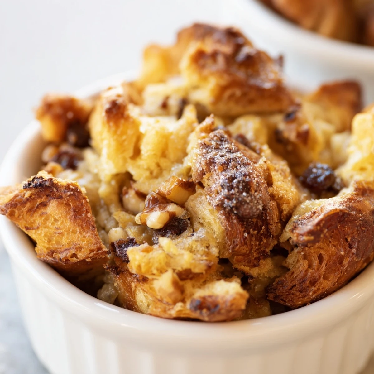 Tasses de pudding au pain chaud, délicieusement parfumées au chai épicé.  