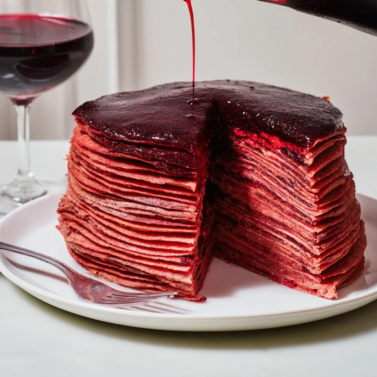 Gâteaux de crêpes au vin rouge, avec couches élégantes et crème fouettée moelleuse, décorés d'un sirop pétillant.