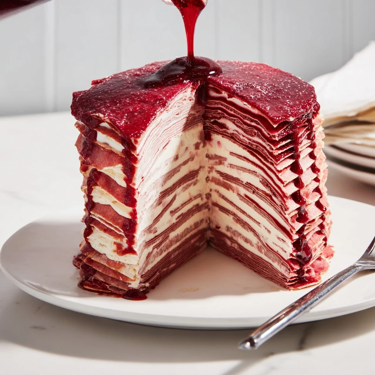 Dégustez ces délicates crêpes au vin rouge, créant un dessert riche et sophistiqué.