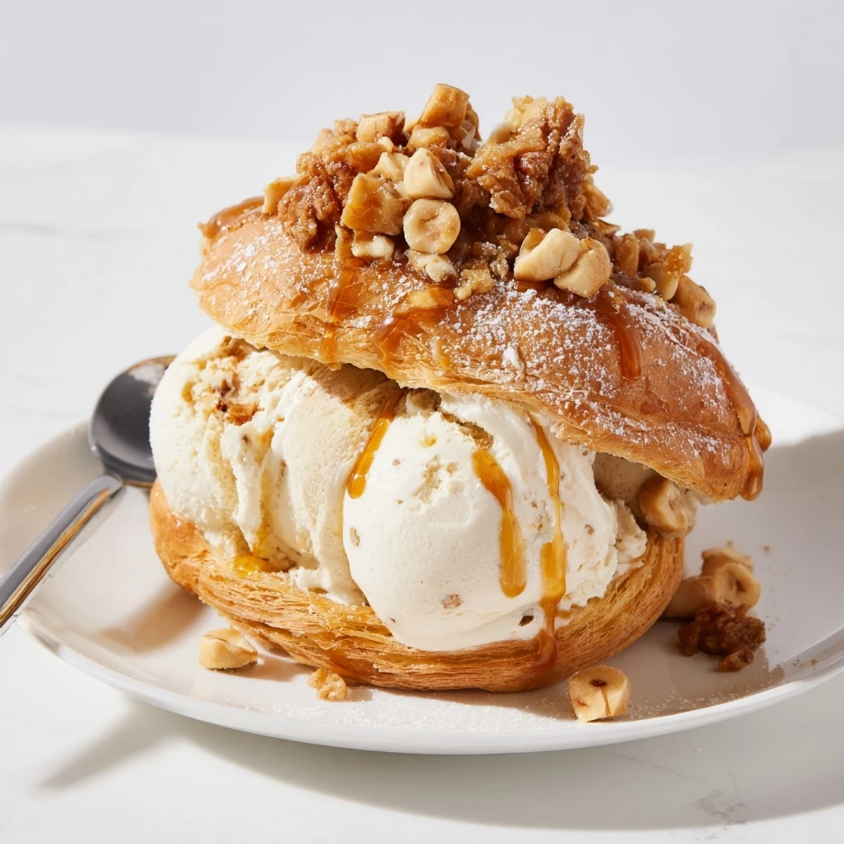 Sundae Paris-Brest au soda au gingembre, garni de noisettes caramélisées et de sucre glace.  
