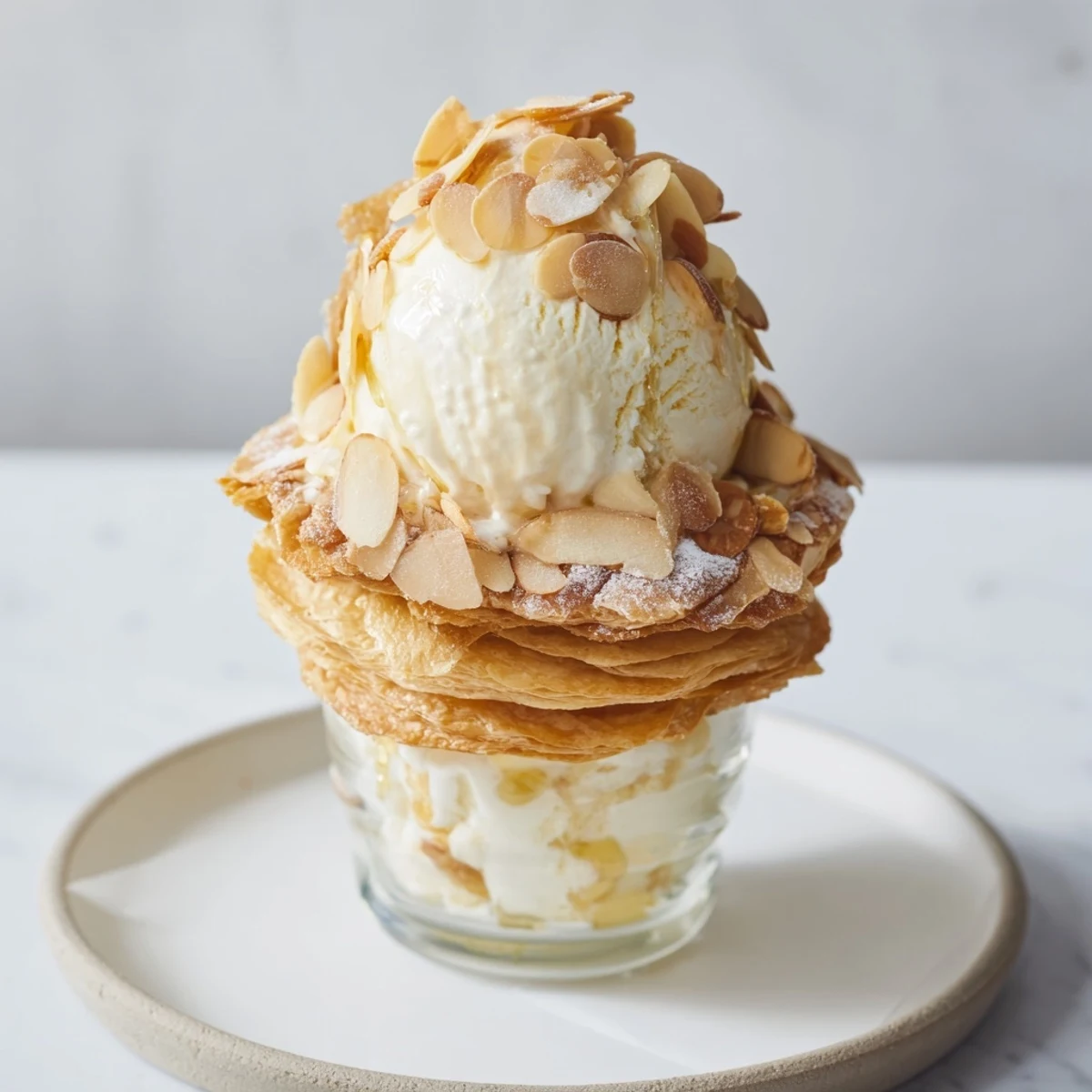 Mille-feuille de crème d'amande, glace à la vanille et éclats de pâte feuilletée.