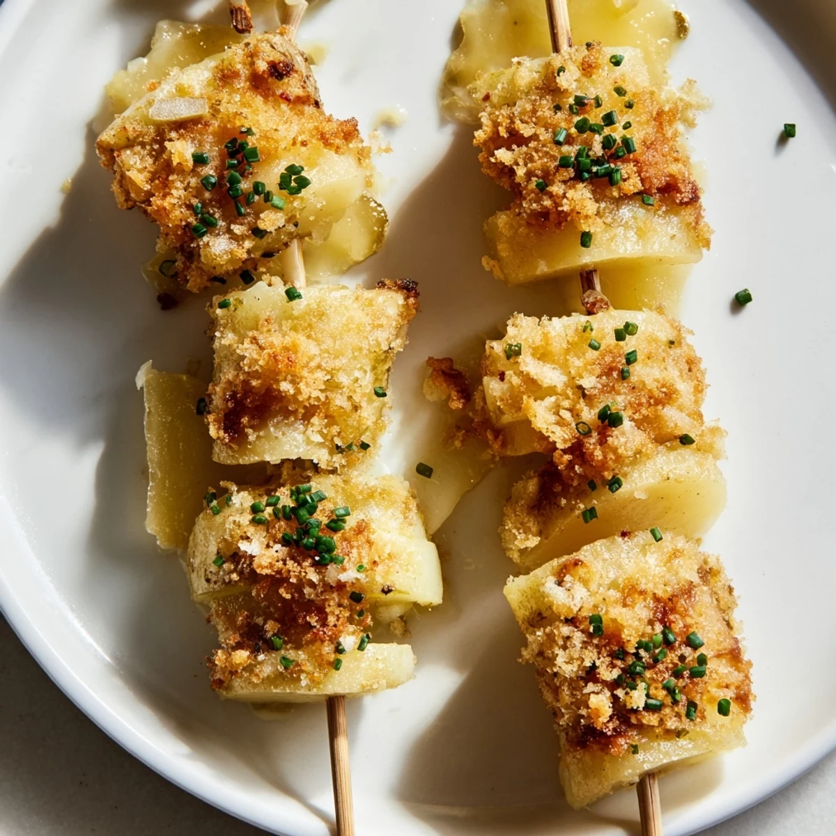 Brochettes appétissantes de gratin dauphinois, garnies de cornichons croquants et de ciboulette.