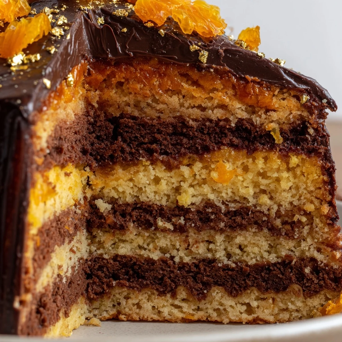 Gâteau Canelé Chaos avec couches riches de chocolat et zestes d'orange.