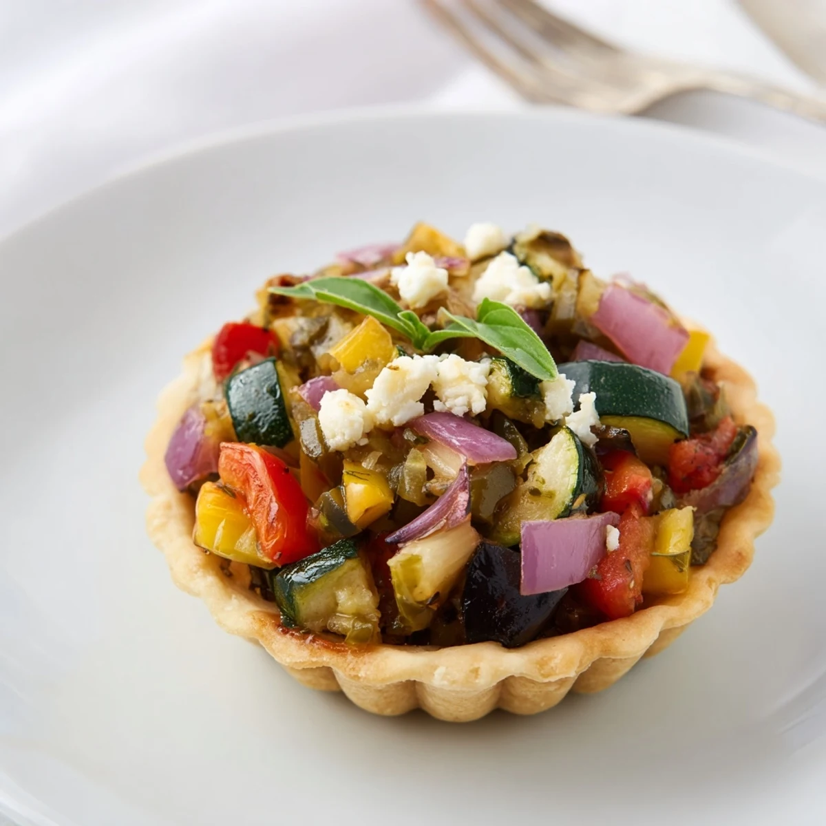 Tartlets de ratatouille au cornichon, garnies de légumes colorés et de fromage frais.