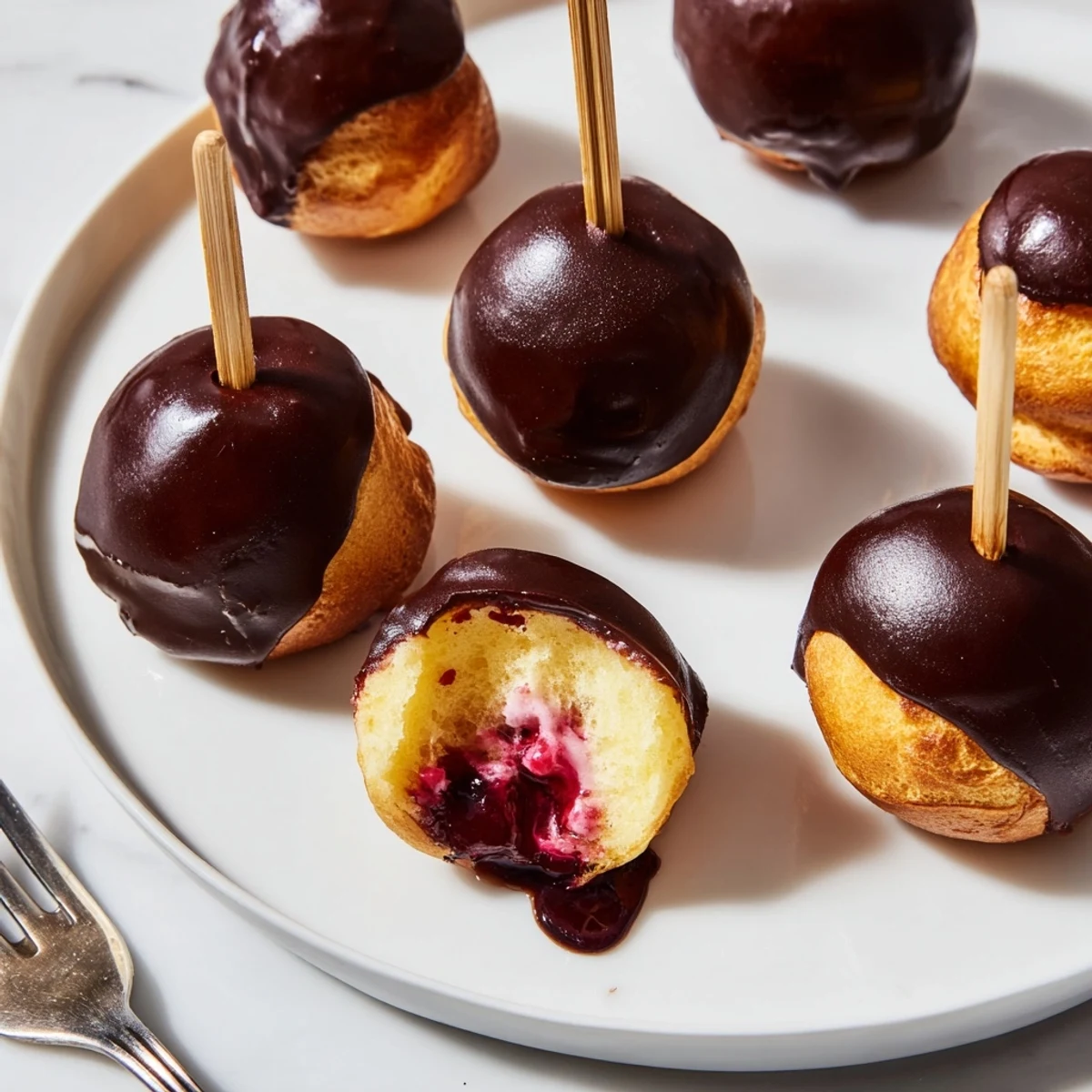 De délicieux pops de profiterole aux cerises et cassis, garnis d'une crème pâtissière onctueuse.